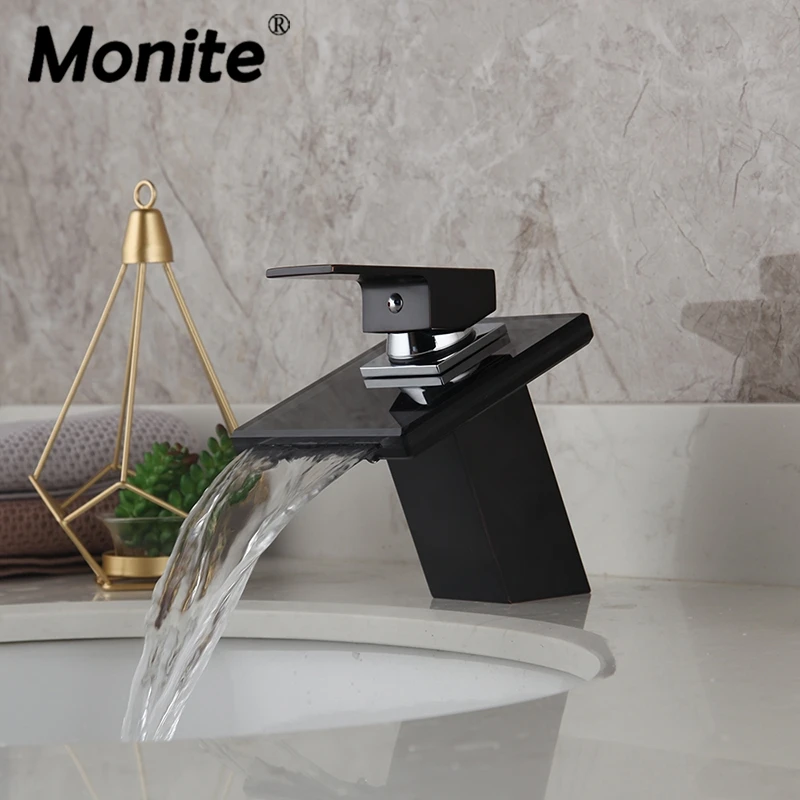 

Monite ORB & Chrome Waterfall Bathroom Faucet Black Glass Deck Mounted Solid Brass Wash Basin Sink Vessel Tap Mixer Faucet