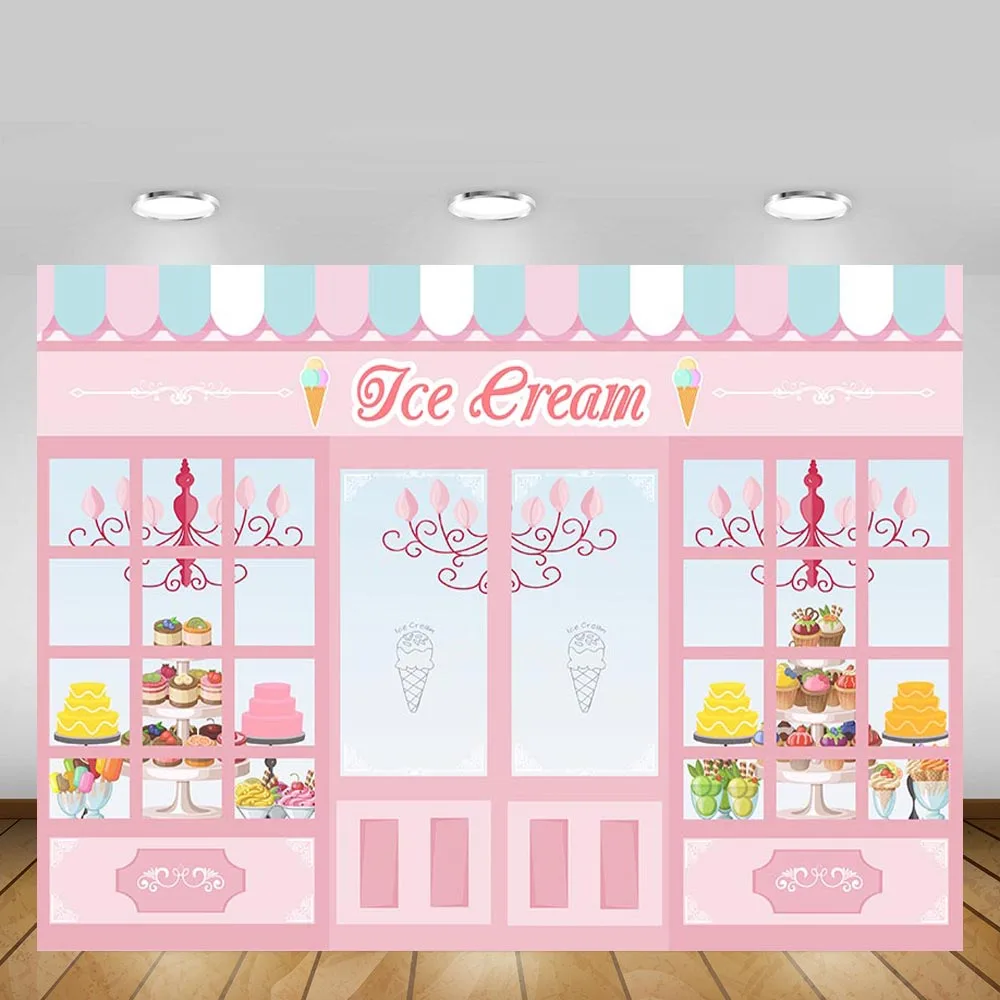 Mehofond Ice Cream Shop Backdrop Pink Store Girl Baby Shower Birthday Photography Background Decor Photo Studio Photocall Props