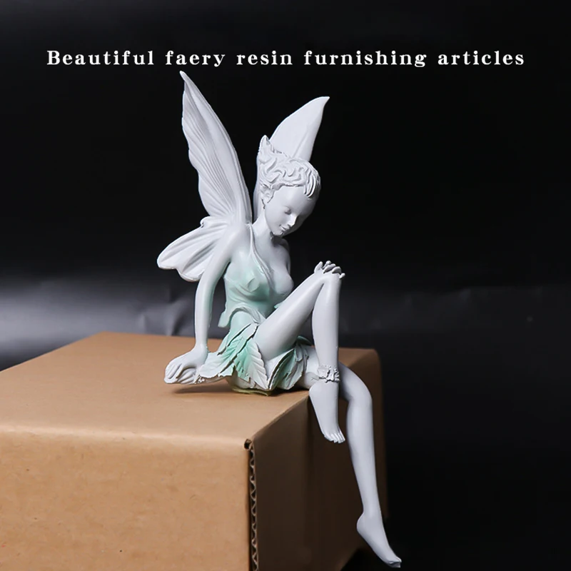 Resin Flower Fairy Statue Sitting Art Sculpture Figurines Angel Wings Garden Ornament Craft Landscaping Home Decoration Outdoor