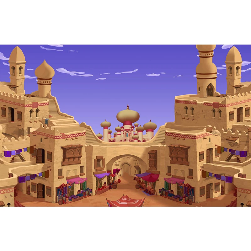 

Aladdin Palace Backdrop Fairytale Printed Blue Sky Arab Castle Street Market View Baby Kids Birthday Party Photobooth Background