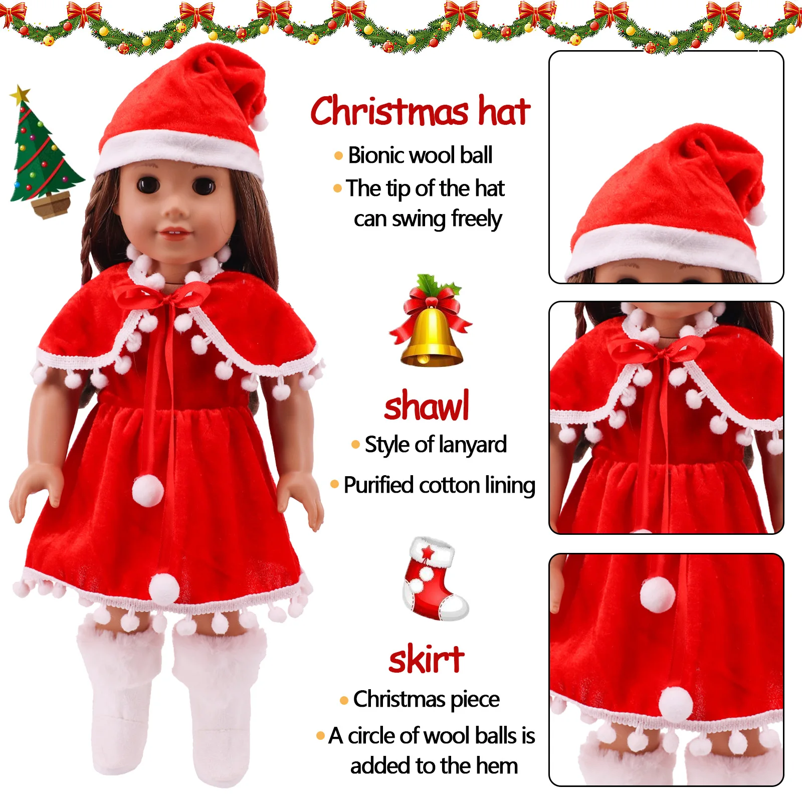 Luminous Christmas Tree And Doll Red Clothes For 18Inch American Doll&43Cm Reborn Baby Doll Accessories Christmas Gifts Toys