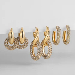 3pair Gold Color Metal Twisted Small Huggies with Rhinestone Crystal Oval Geometric Drop Earrings Set for Women Fashion Jewelry