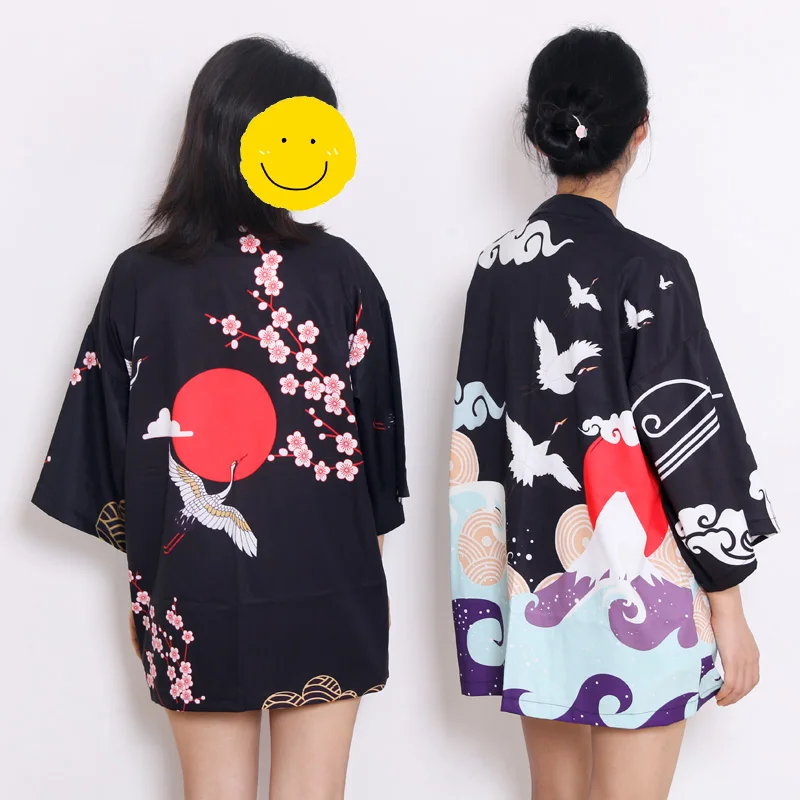 

4 Style Crane Print Unisex Kimono Cardigan Blouse Haori Obi Unisex Asian Clothes Samurai Kimono Harajuku Streetwear Beach Coat