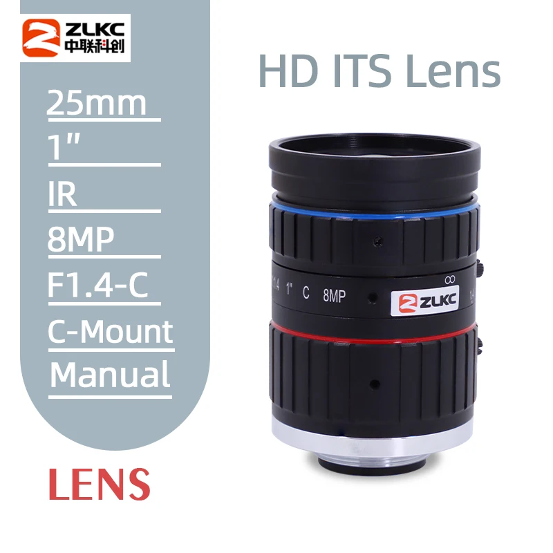 ZLKC 25mm IR Correction 8MP C Mount Lens1 Inch ITS Industrial Traffic Camera Manual Focus Lens Iris CCTV KM2514MP8IR