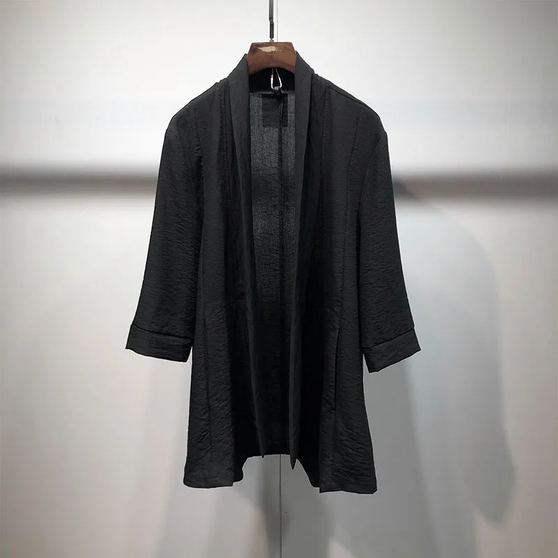 Men's summer classic simple slimming large-size cotton linen breathable irregular hem design seven-quarter sleeve cardigan