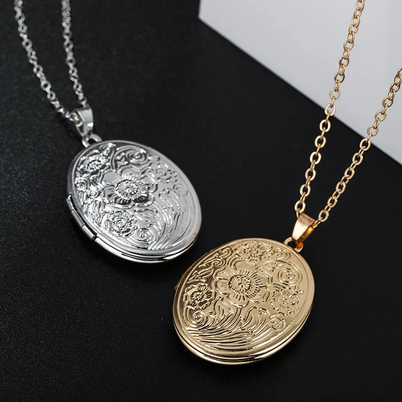 New Nordic Style Oval Carved Flower Stripe Locket Pendant Necklace Women Romantic Vintage 2 Colors Openable Photo Locket Jewelry