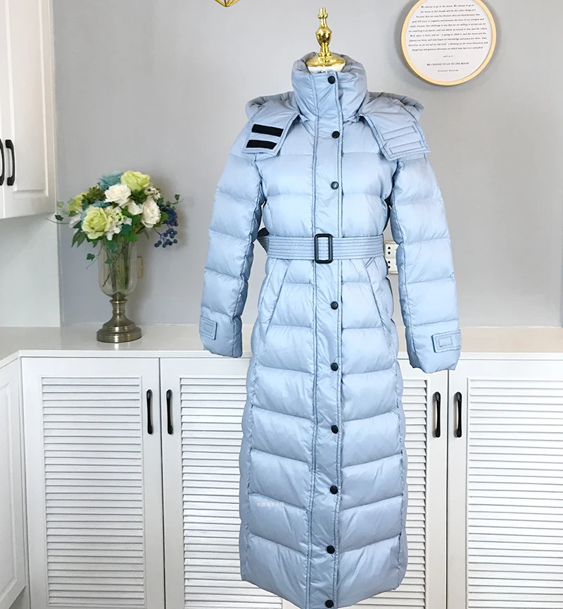 90% White Duck Down Jacket Women Long NICE Over Knee Winter Warm Lightweight Parka Hooded Windproof Female Coat