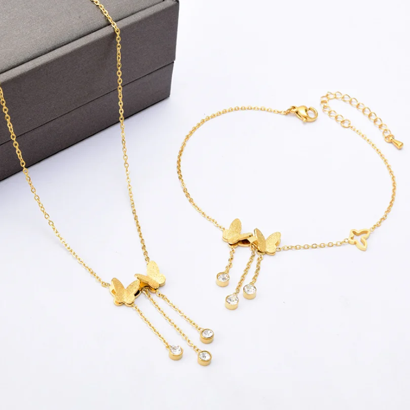 316L Stainless Steel Matte Double Butterfly Tassel Zircon Pendant Choker Necklace Anklet For Women Fashion Fine Jewelry Set