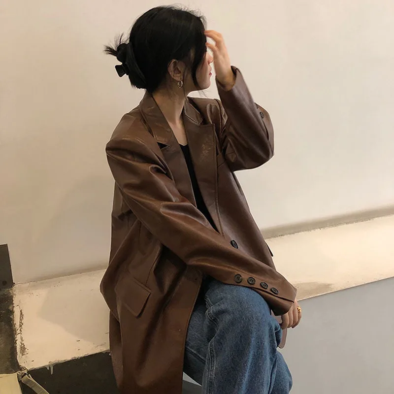 New Women Vintage Brown Faux PU Leather Blazers Autumn Loose Notched Collar  Long Sleeve Women Suit Jacket Casual Vetement Femme