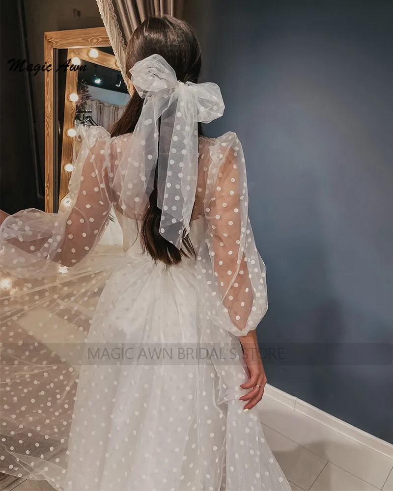 Magic Awn 2022 Boho Tea-Length suknie ślubne Polka Dots Tulle Puffy Sleeve Illusion krótka plaża linia Mariage suknie Vestidos