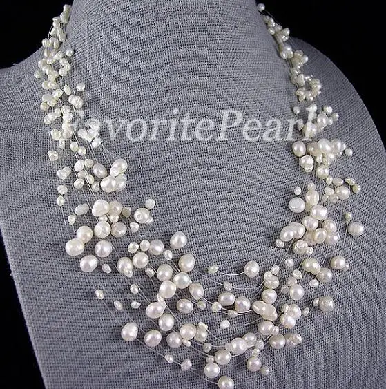 Favorite Pearl Necklace Wedding Bridesmaid 15 rows Genuine Freshwater Pearl Illusion Necklace Floating Fine Women Jewelry