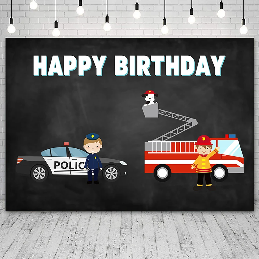 Avezano Backdrops Boy Birthday Party Police Fireman Car Decor Black Backgrounds For Photo Studio Photophone Poster Photo Booth