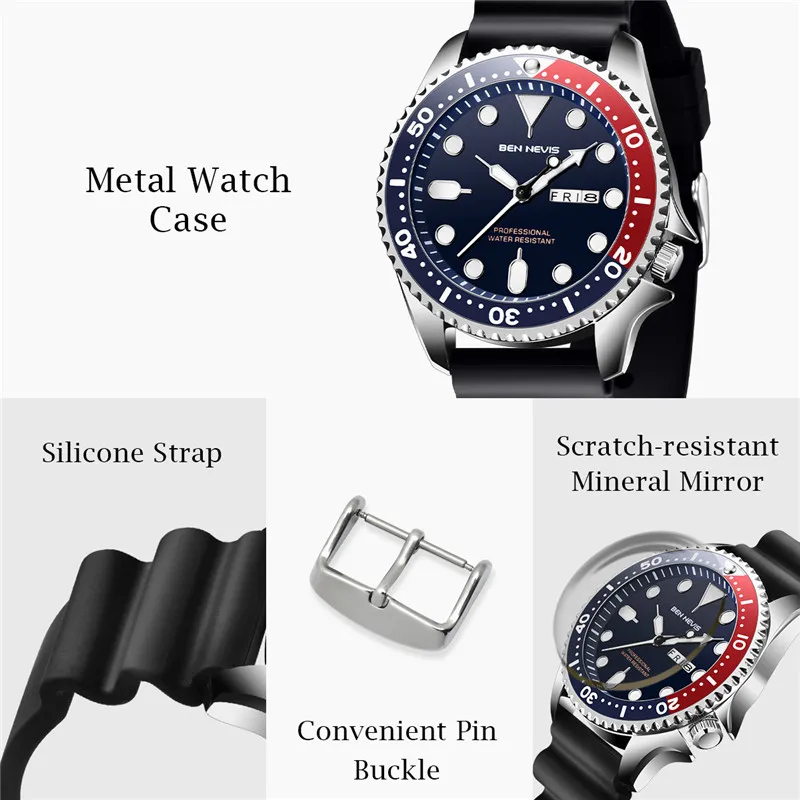 Ben Nevis-Montre de sport à quartz étanche avec bracelet en caoutchouc pour homme, montre-bracelet militaire, montres de luxe, mains Shoes, marque supérieure