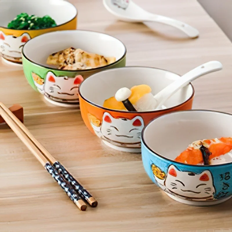 1pcs Multi-size Japanese Lucky Cat Round Ceramic Bowl Restaurant Household Bone China Salad Bowl Noodle Soup Bowl Tableware