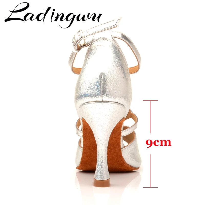 Ladingwu Dance Shoes Latin Women Elegant design Salsa Dance Shoes Silver texture PU Ballroom Dance Shoes Sotft Bottom Sandals