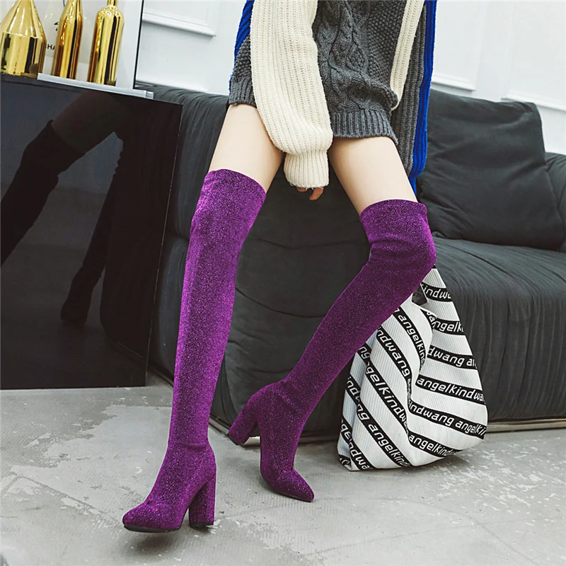 Plus Size 46 Women Over The Knee Sock Boots 8.5cm High Heels Long Winter Stretch Snow Boots Block Heels Lady Thigh Purple Shoes