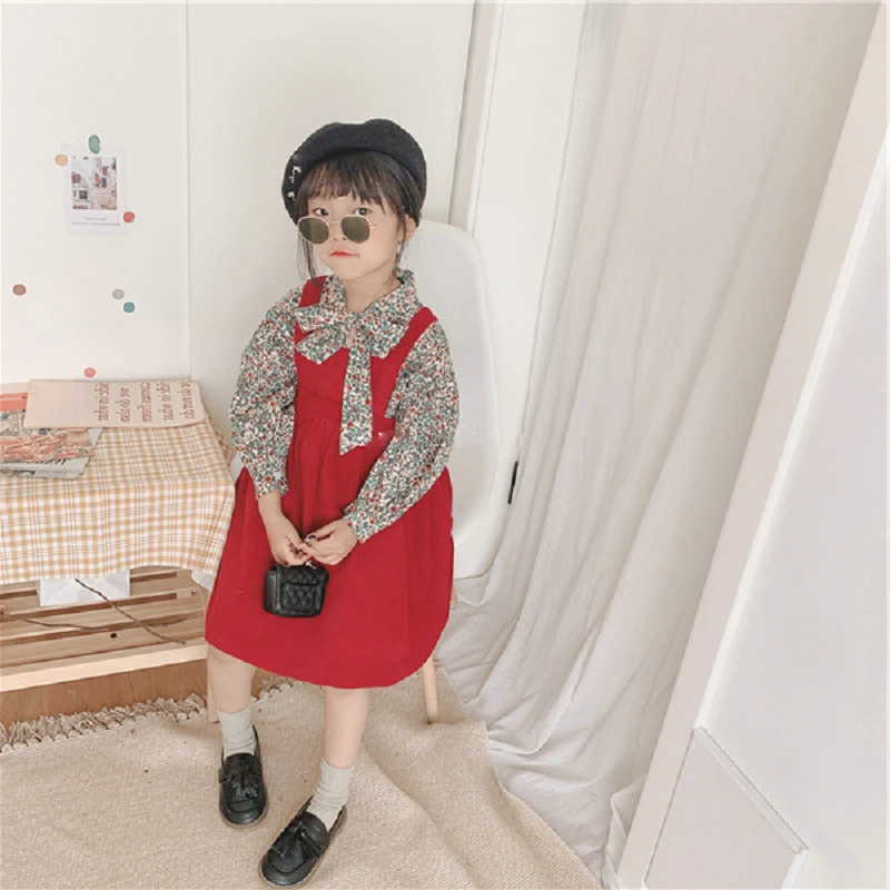 Girls Children\'s Clothing Sets 2024 Autumn New Girl Suit Baby Kids Small Fresh Floral Shirt +Strap Skirt Fashion Kids Outfits