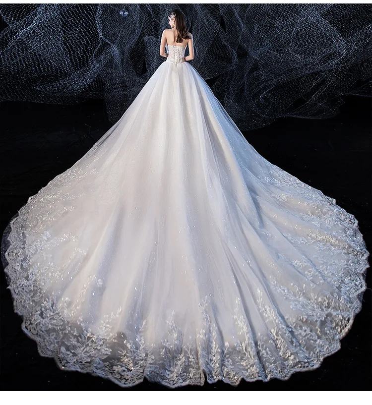 2022 Elegant Strapless Wedding Dress Luxury Lace Embroidery Sequin Wedding Gown Vestido De Noiva With Train Princess Bride Dress