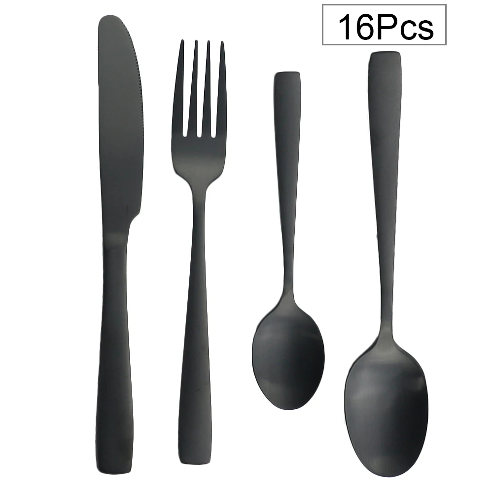 

16Pcs Black Matte Tableware Set Stainless Steel Flatware Dinnerware Set Knife Fork Spoon Silverware Set Dessert Cutlery Kitchen