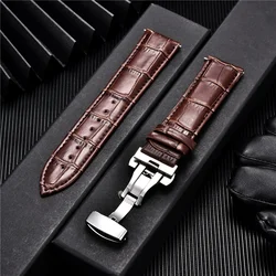 Bracelet de montre en cuir véritable avec boucle automatique papillon, 18mm, 20mm, 22mm, 24mm, remplacement des bracelets pour hommes, accessoires de montre