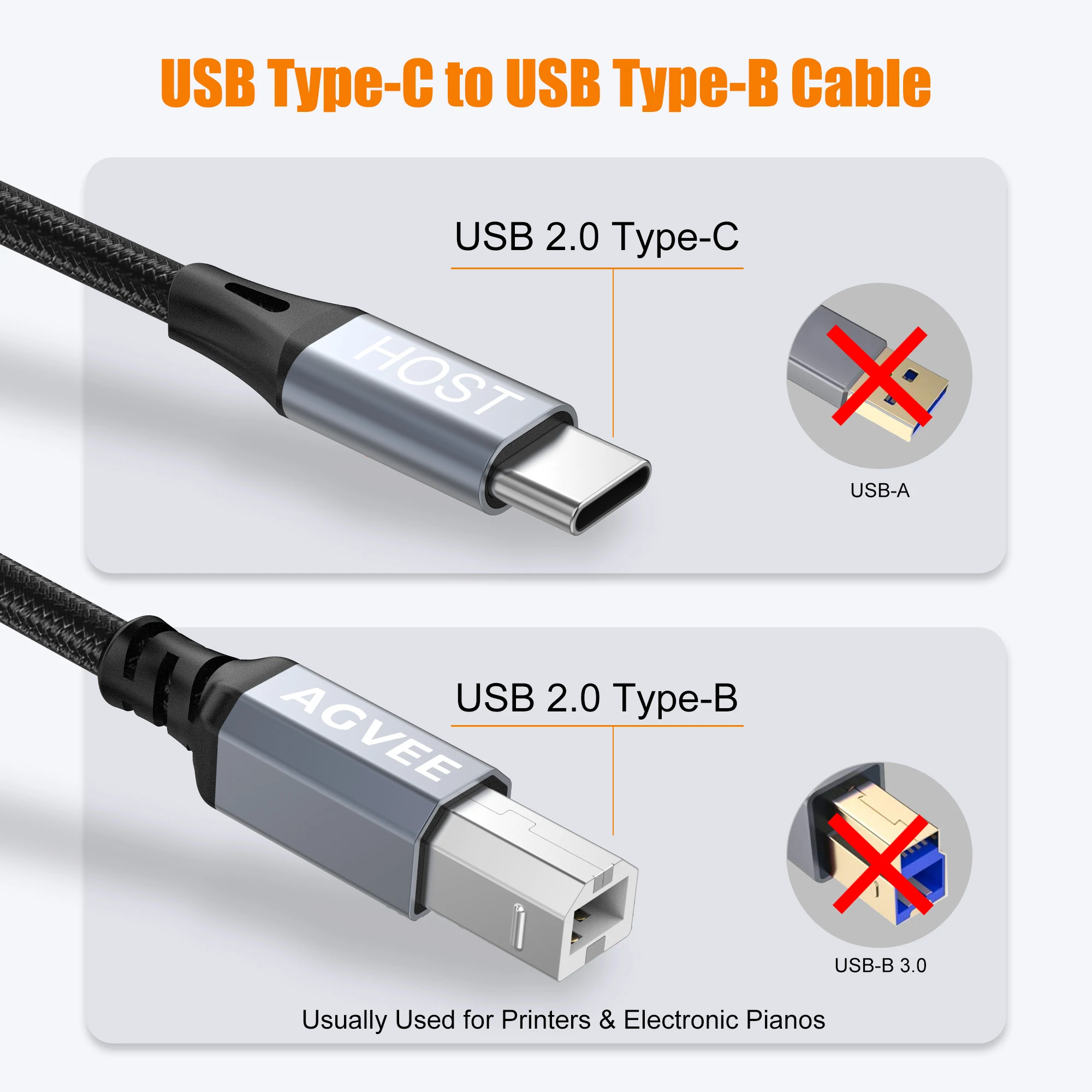 Type c to Printer 1.5M USB C to USB B 2.0 Type-C Host on Printer Cable Scanner Cord for MacBook Pro HP Canon Brother Samsung