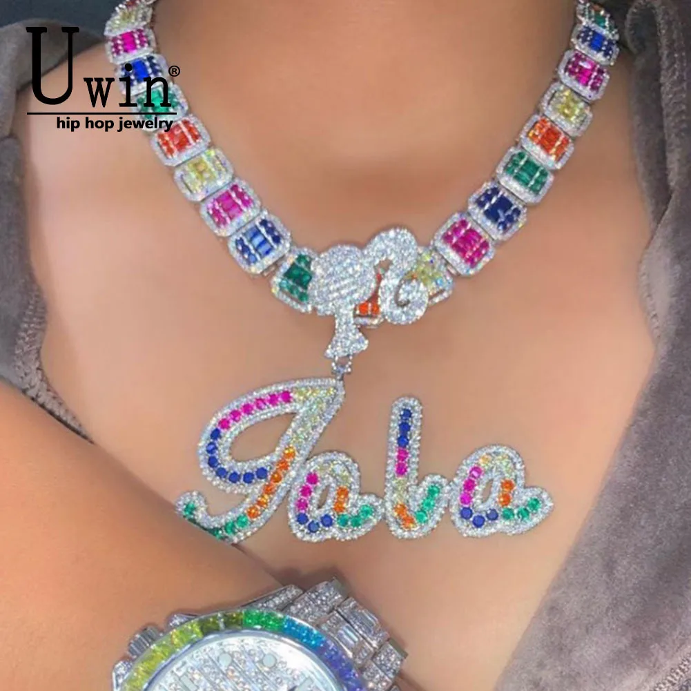 

Uwin Multicolor Custom Brush Cursive Letter Icy Girl Hook Name Necklace Pendant Baguettes Chain Personalized Hiphop Jewelry