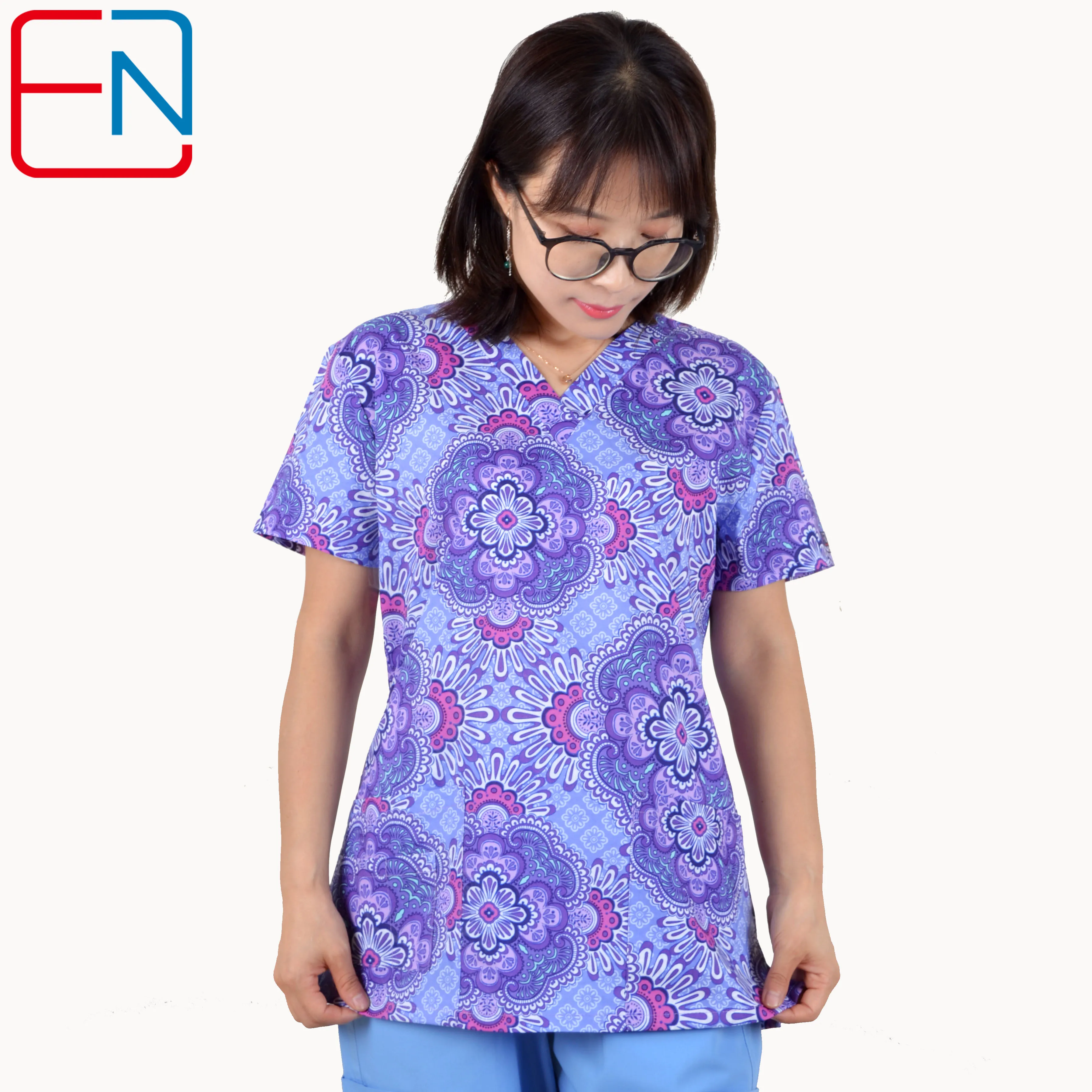 Hennar Women Scrub Top 100% Print Cotton  Uniforms V-Neck Short Sleeve XXS-3XL Hospital Clinical scrubScrubs Top