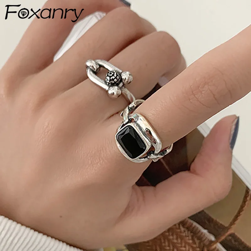 Foxanry Silver Color Hiphop Rock Rings for Women Couples New Fashion Creative Hollow Geometric Party Jewelry Gifts