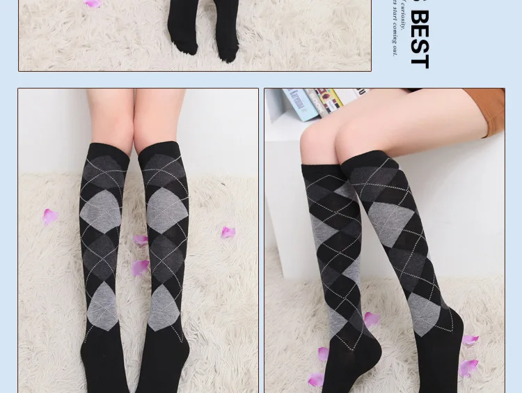 Fashion Diamond Knee Socks Casual Black Grey Plaid Women\'s Stockings Sexy Casual Knee High Socks Cotton Nylon Female Stockings