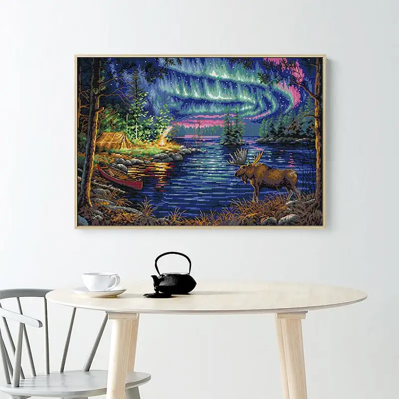 DIY Northern Lights Scenery Painting Cross Stitch Kit Aida 11CT 14CT Counted Stamping Canvas Embroidery Set Home Decoration Gift