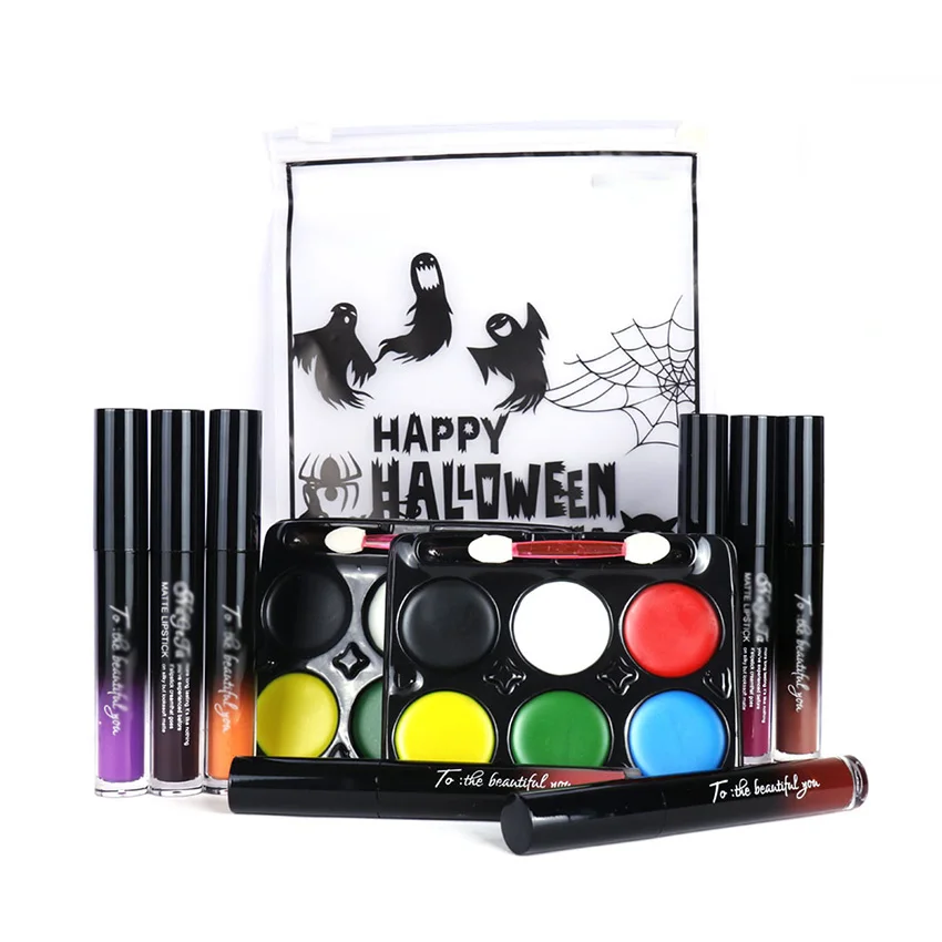 Halloween Bộ Trang Điểm Halloween Son Bóng Mặt Bộ Sơn Kéo Dài Không Dính Cốc Môi Tráng Men Màu Vẽ Mặt Bộ Halloween đảng Dụng Cụ