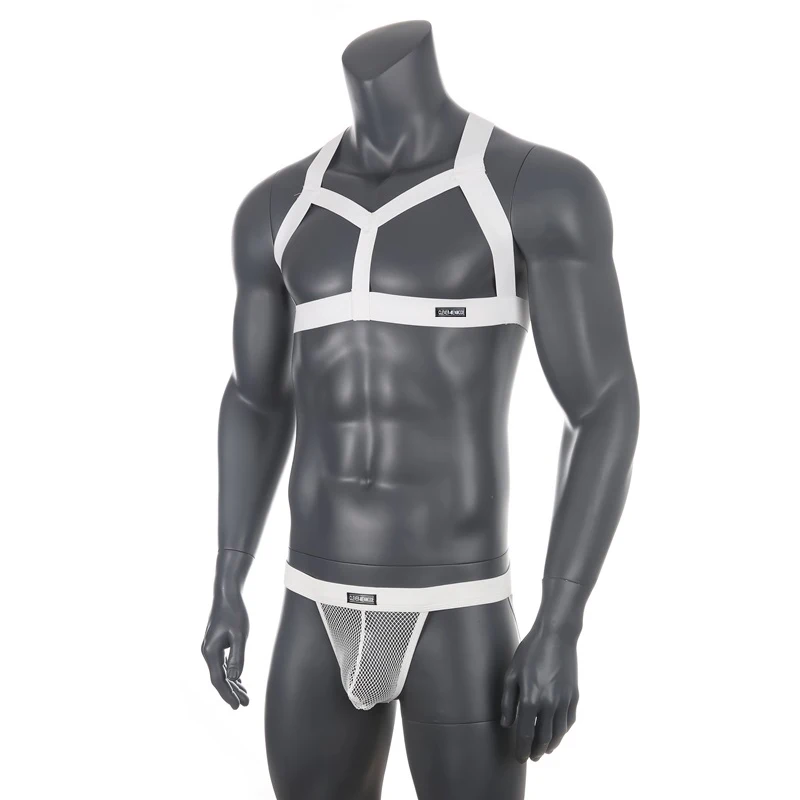 Conjunto de arnés para el pecho y el cuerpo para hombre, Tanga de malla elástica para el hombro, suspensorio para escenario, traje Sexy, Bondage, CLEVER-MENMODE