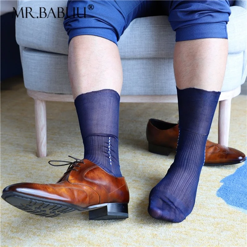 Men's old-fashioned nylon single bottom loose mouth hanging stripe black navy blue business formal wear casual stockings