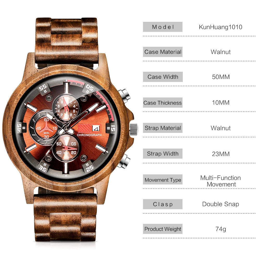 Dad Gift Customized Creative Men Watch Luxury Sport Watches Zebra Walnut Black Sandalwood Wood Chronograph Quartz Wristwatch