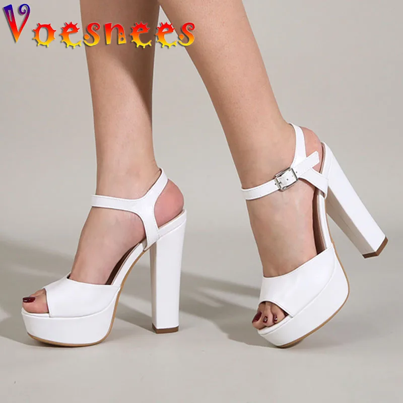 Voesnees Women Sandals 2021 Fashion Waterproof Platform 13CM Thick Heel Shoes Concise Buckle Strap Model Womens Sexy High Heels