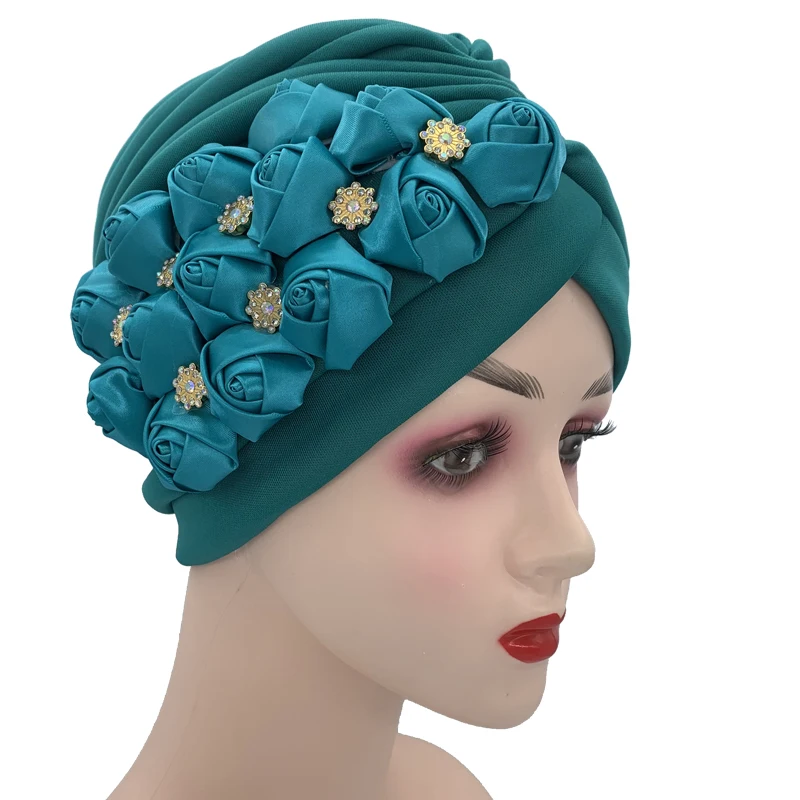 Rose Flower Deco Turban Cap for Women Pleated Head Wraps Bonnet Muslim Headscarf Hat Nigeria Headwear Party Hat