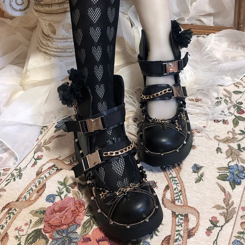 Black Punk Dark Street Platform High Top Women\'s Gothic Shoes Casual Ankle Boots Goth Buckle Chain Lolita Sweet Girls Shoes