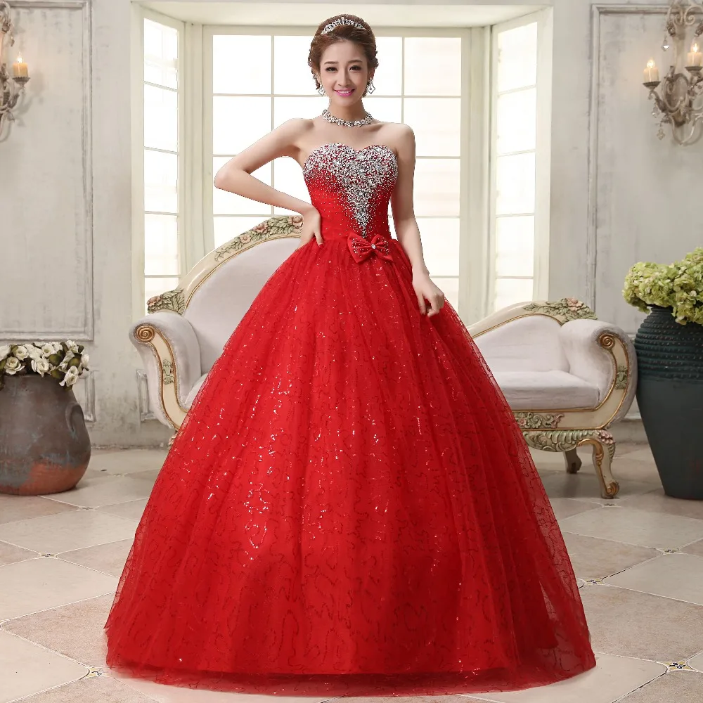 Vestido de casamento sem alças, Princess Gown, Doce laço romântico, Design clássico, Vermelho, Casamento