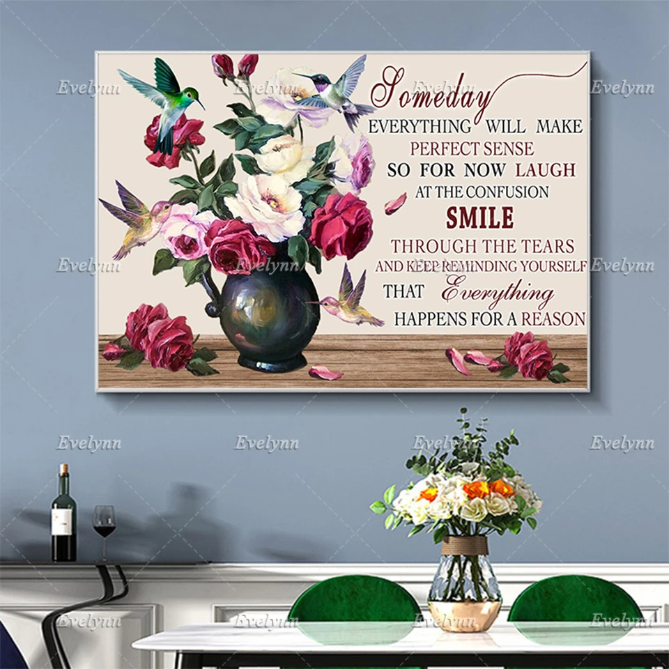 Everything Will Make Sense Poster, Inspirational Quote,Hummingbird And Roses, Poetry Home Decor Canvas Wall Art Prints Gift