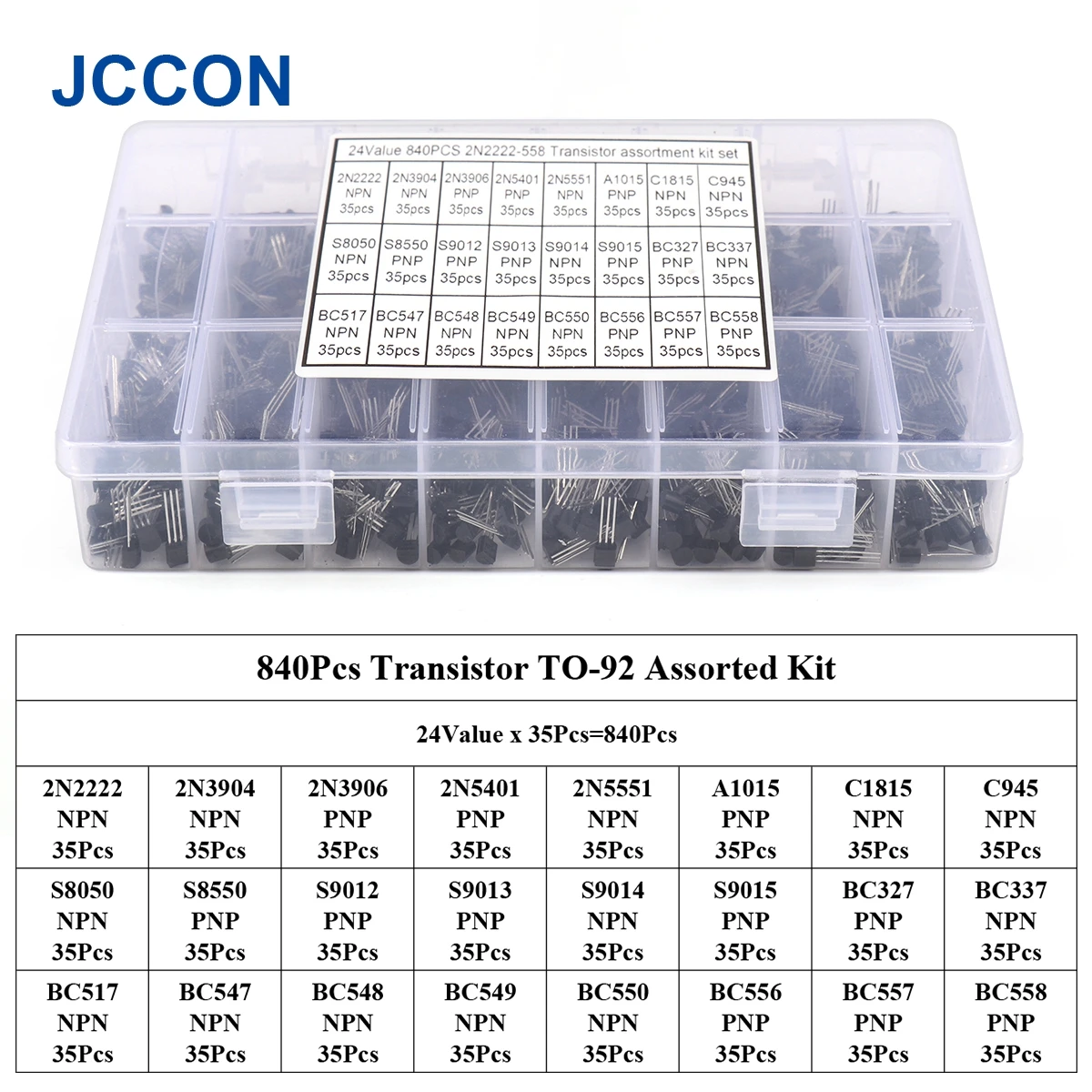 840Pcs 24Value x 35Pcs Transistor TO-92 Assorted Kit Transistors (2N2222A-BC558) Low Power Transistor Assortment Set