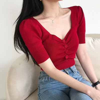 Scollo a v Crop Top Estate Ha Lavorato A Maglia T Shirt Stile Coreano Slim Fit Rosso Nero Top Delle Donne