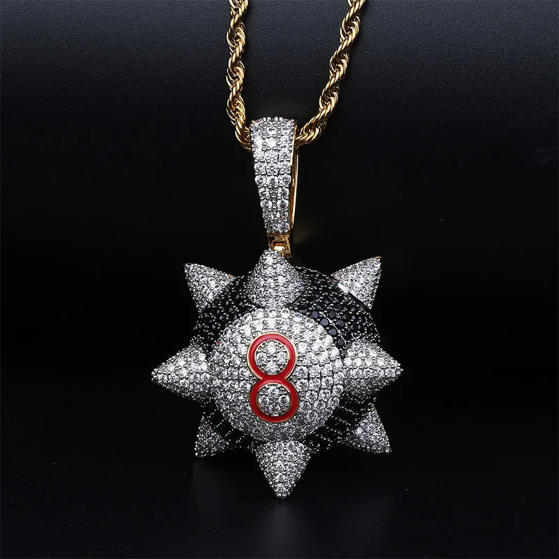 

Micro Paved AAA Cubic Zirconia Bling Iced Out Rivet Black 8 Ball Pendants Necklace Men Hip Hop Rapper Jewelry Gifts