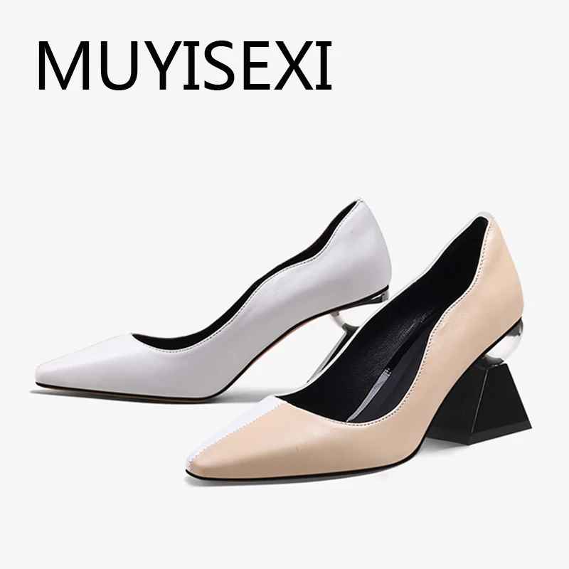 Fashion 7cm high unique design heel women brand pumps solid color pointed toe runway model show concise cozy shoe HL296 MUYISEXI