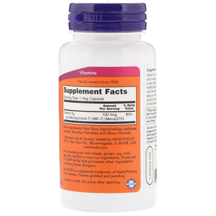 MK-7 Vitamin K-2 100 mcg Supports Bone Health Promotes Proper Calcium Handling 120 Veg Capsules