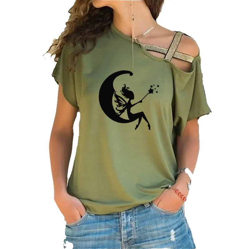 Magic Show Angel Fairy  print T shirt Summer Women Cotton Short Sleeve Irregular Skew Cross Bandage T shirt