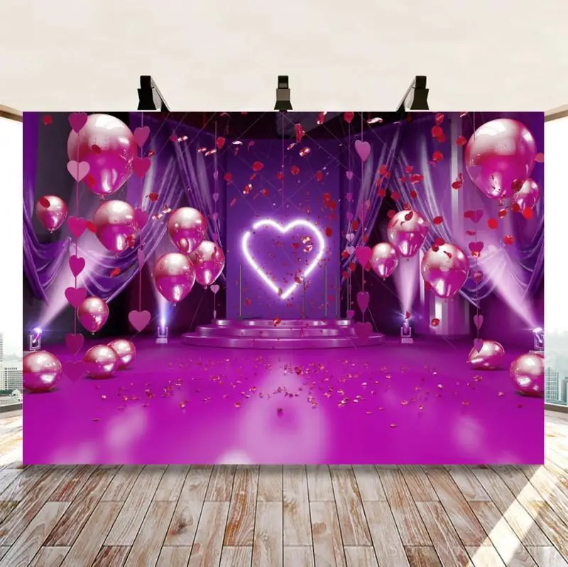 Fushcia Balloon Love Fluorescent Lamp Wedding Stage Photography Backdrop Valentine's Day Couples Women Portrait Photo Background