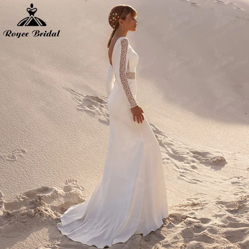 Elegant Boho Wedding Dresses Mermaid O Neck Satin Lace Cut-out Long Sleeve V Shape Back Backless Beach Customized Roycebridal