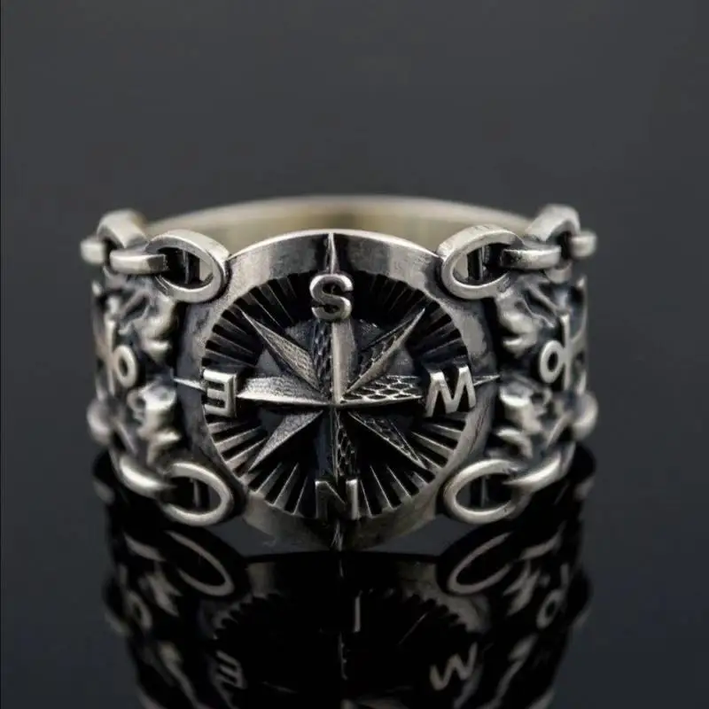 Vintage Metal Viking Compass Ring for Motorcycle Party Northern Europe Style Pirate Compass Ring Male's Commemoration Jewelry