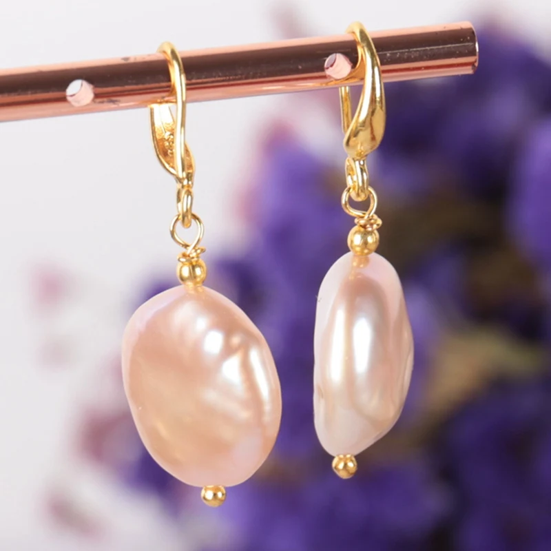 

15-16MM Natural pink baroque pearl Earring 18k Ear Drop Fashion Hook Accessories Women Dangle Classic Cultured Party