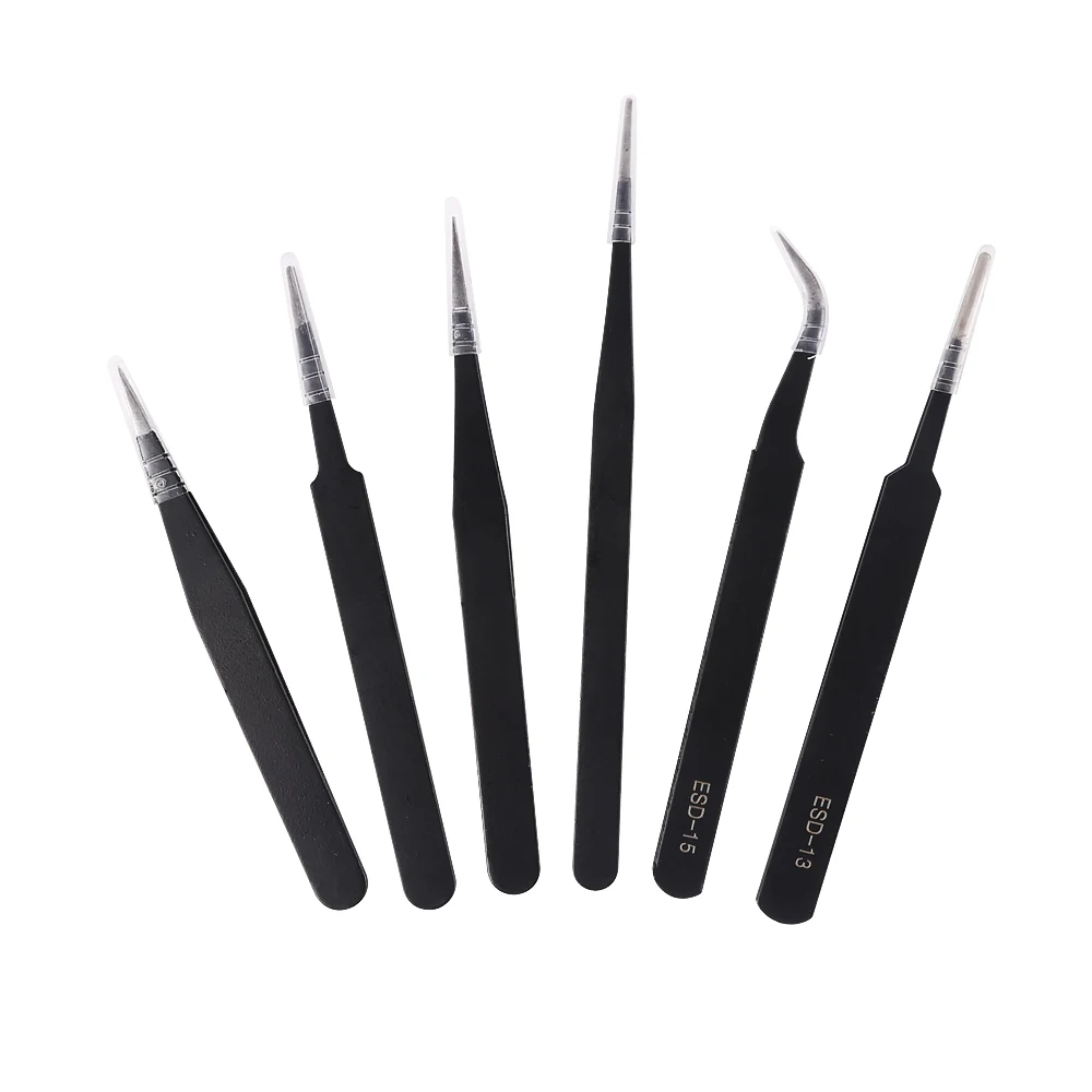 6pcs Stainless Steel Lash Tweezers Black Straight Point Elbow Makeup Eyelash Extension Applicator Nail Art Tweezer Beauty Tools